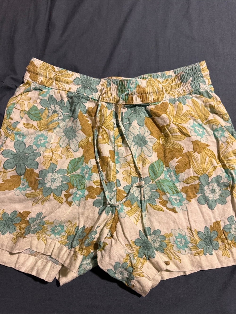 LOFT Floral Drawstring Athletic Shorts in Teal & Mustard